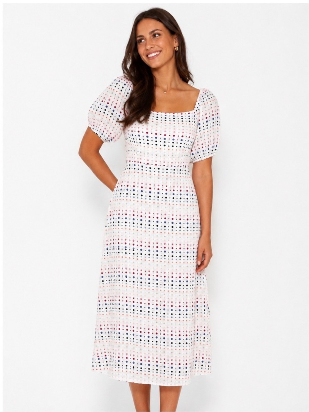 LOFT White Midi Dress with Multicolor Dots Puff Sleeves